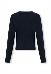 Temno modra krajšana majica z dolgimi rokavi, rebraste teksture, okroglim izrezom in minimalističnim dizajnom. Brez vidne strojne opreme ali poudarkov.