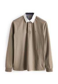 Polo a maniche lunghe in morbido cotone beige chiaro con colletto bianco. Presenta una patta con tre bottoni e un piccolo logo ricamato sul petto.