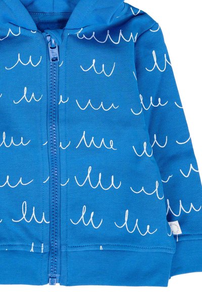 Felpa per bambino di colore blu con motivi ondulati bianchi e chiusura con cerniera frontale.