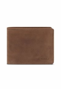 Portefeuille en cuir marron avec une texture lisse, design bi-fold et bords surpiqués. Une marque notable est embossée dans le coin inférieur droit.