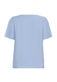 Top bleu clair à manches courtes avec un décolleté carré. Fabriqué en tissu texturé, il présente des lignes verticales subtiles et une coupe ample. Design simple et élégant.