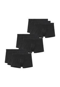 Schwarze Baumwoll-Boxershorts, ausgestattet mit einem logo-prägenden Taillenbund, dehnbarem Material und körpernaher Passform, präsentiert in einem Set von fünf.
