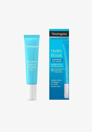 Neutrogena Hydro Boost Awakening Eye Cream i en lyseblå tube med hvide accenter, indeholder hydrerende ingredienser og kommer i en matchende æske.