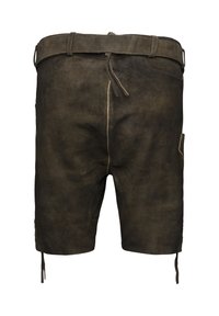 Bruine leren shorts met een soepele textuur, een tailleband met trekkoord en zijzakken. Bevat zichtbare stiksels en decoratieve veters langs de zoom.