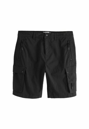 Melnas kravas šorti ar rāvējslēdzēja kabatām sānos un atloku kabatām ar spiedpogām augšstilbos, plakanu priekšpusi ar jostas cilpām un pogas aizdari.