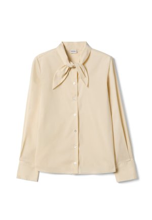 Langärmlige Bluse aus hellbeigem Stoff. Verfügt über eine gebundene Halslinie, eine Knopfleiste vorne und eine glatte Textur mit klassischem Kragen und Manschetten.