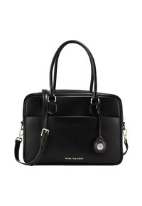 Borsa a mano in pelle nera con due manici superiori e tracolla regolabile. Caratterizzata da hardware dorato e un ciondolo rotondo removibile.