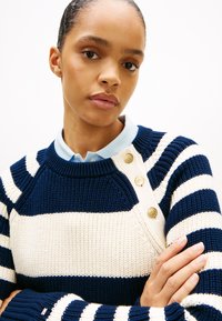 Πλεκτό πουλόβερ με ριγέ μοτίβο σε ναυτικό μπλε και κρεμ χρώμα, με ριμπ υφή, στρογγυλή λαιμόκοψη και χρυσά κουμπιά ως διακοσμητικά σε έναν ώμο.