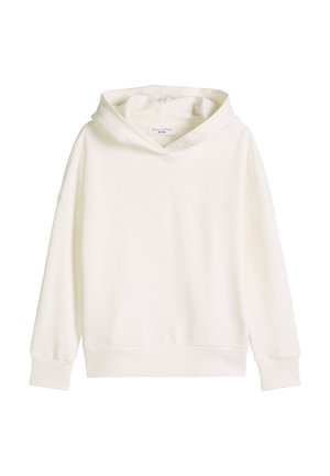 Plain white hooded sweatshirt with long sleeves and ribbed cuffs and hem, displayed against a white background.