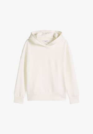 Sweat à capuche blanc uni à manches longues avec poignets et ourlet côtelés, présenté sur un fond blanc.