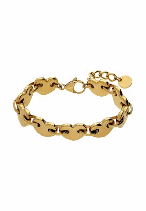 Bracelet en or avec des maillons en forme de cœur reliés et une fermeture à mousqueton avec une chaîne réglable et une étiquette ronde.
