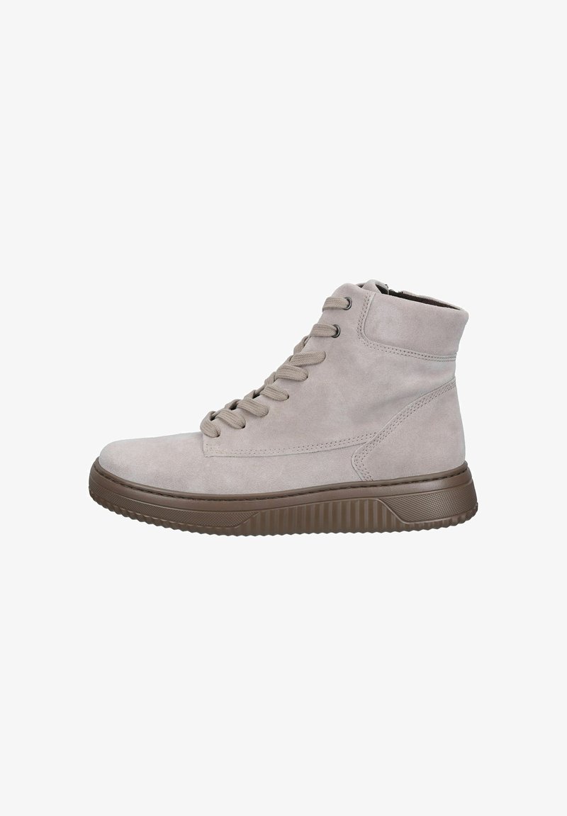 Lichtgrijze suède enkellaarsjes met een vetersluiting aan de voorkant en een ritssluiting aan de zijkant. Rubberen bruine loopzool met een gestructureerd patroon. Ronde neuzen.