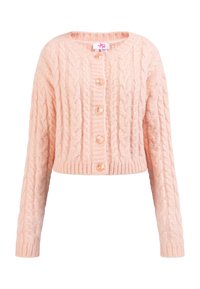 Kabelstickad cardigan i ljusrosa, med rund halsringning, långa ärmar och sex knäppningar med blanka, texturerade knappar.