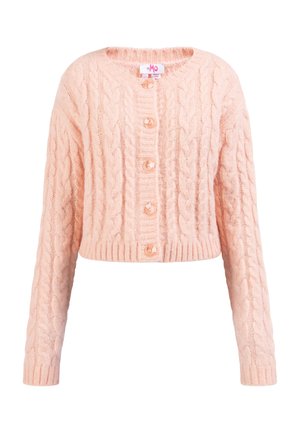 Kabelgebreide cardigan in lichtroze, met een ronde halslijn, lange mouwen en zes knoopsluitingen met glanzende, gestructureerde knopen.