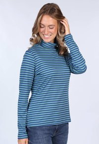 Langarm-Turtleneck-Shirt mit horizontalen Streifen in verschiedenen Blau- und Grüntönen, aus einem gerippten Stoff.