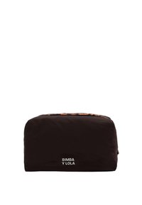 Beauty case nero con chiusura a zip, forma rettangolare arrotondata e marchio БIMBA Y LOLA in bianco sul davanti.