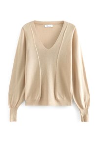 Vaalean beige neulepusero, jossa on syvä V-kaula-aukko, pitkät puffihihat, ribbitekstuuri ja kapea helma. Kevyt materiaali, joka sopii kerrospukeutumiseen.