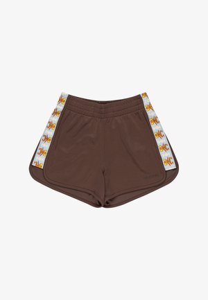 Brune treningsshorts med elastisk midje. Sidelommene har en lyseblå kant dekorert med gule og brune tegneseriefigurer.