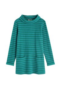 Tirāžas tunika ar tirkīza svītrām, izgatavota no tekstatūras džersija, ar augstu apkakli, garām piedurknēm un divām priekšējām kabatām.