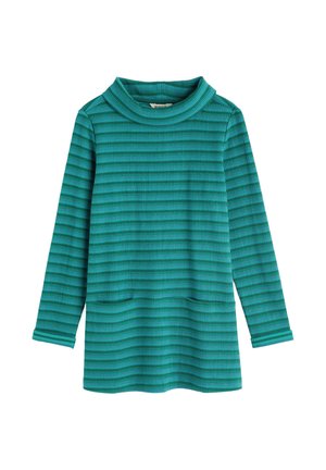 Túnica a rayas turquesa en punto texturizado, con un cuello alto, mangas largas y dos bolsillos en el frente.