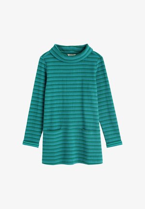 Tirāžas tunika ar tirkīza svītrām, izgatavota no tekstatūras džersija, ar augstu apkakli, garām piedurknēm un divām priekšējām kabatām.