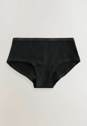 Schwarze Baumwoll-Hipster-Unterwäsche mit weicher Textur, ausgestattet mit einem breiten elastischen Bund und gesteppten Nähten. Schlichtes Design, keine Muster.