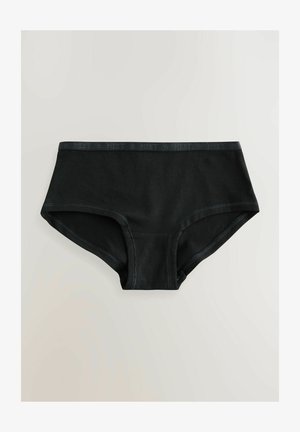 Mustat puuvillaiset hipster-alushousut pehmeällä tekstuurilla, joissa on leveä elastinen vyötärönauha ja ommellut saumat. Yksinkertainen muotoilu, ei kuvioita.