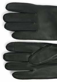 Gants en cuir noir avec une texture lisse et un design à cinq doigts, dotés de coutures subtiles et d'une finition élégante.