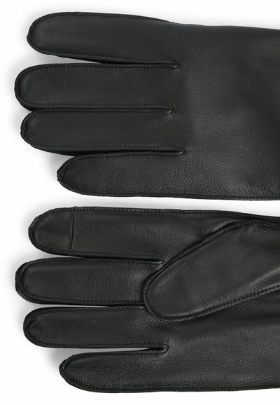 Gants en cuir noir avec une texture lisse et un design à cinq doigts, dotés de coutures subtiles et d'une finition élégante.