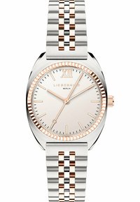 Zilveren en roségouden roestvrijstalen horloge met een ronde kast, een minimalistische wijzerplaat, en het cijfer "XII", voorzien van een bicolor schakelarmband.