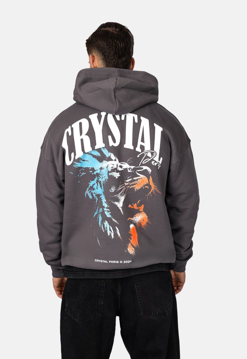 Felpa grigia con cappuccio, caratterizzata da una grande grafica di un leone in blu e arancione, con la dicitura "CRYSTAL PARIS" stampata sopra. Realizzata in un tessuto morbido con una vestibilità comoda.