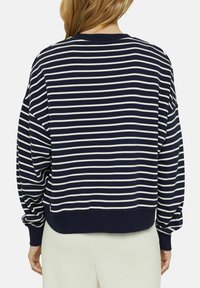 Sweat-shirt à rayures bleu marine et blanc avec un col rond et des manches longues et amples. Poignets et ourlet côtelés. Texture de tissu douce.
