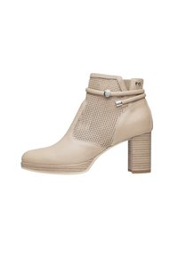 Stivaletto beige con un pannello in rete testurizzata, dettagli in pelle liscia, punta arrotondata e tacco a blocco con motivo cilindrico.
