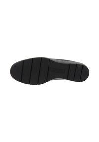 Zwarte rubberen schoenzool met horizontale groeven voor grip, met een glad middenstuk en een reliëf merklogo.