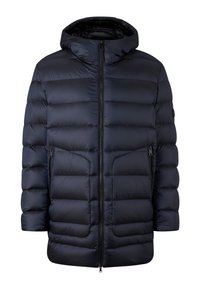 Navy blue padded winter jacket with hood, front zipper, and two zippered pockets on the sides.