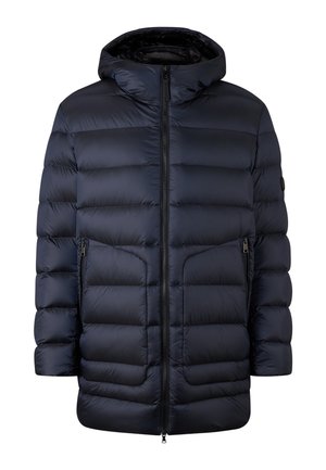 Donkerblauwe gewatteerde winterjas met capuchon, ritssluiting aan de voorkant en twee zijzakken met rits.