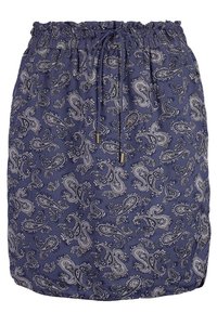 Jupe bleue avec motif paisley blanc, taille élastique et cordon de serrage à l'avant avec embouts métalliques.