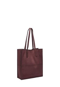Burgundowa torba typu tote ze skóry z dwoma solidnymi paskami na ramię, prostokątnym kształtem, gładką fakturą i przeszyciami na przodzie.