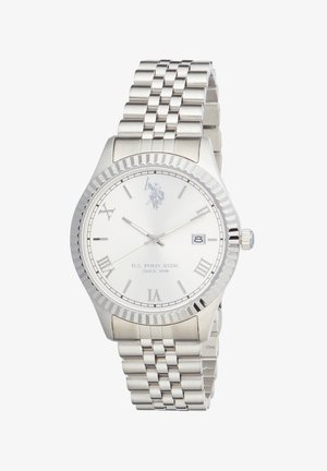 Orologio da polso argentato U.S. Polo Assn. con quadrante bianco, numeri romani, finestra della data alle 3 e cinturino in metallo a maglie.