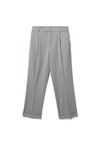Pantaloni grigi chiari, con un taglio dritto e una gamba ampia. Presentano tasche laterali e un tessuto liscio e resistente alle pieghe.