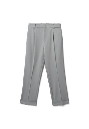 Hellgraue, gerade geschnittene Hose mit weitem Bein. Verfügt über seitliche Taschen und einen glatten, knitterresistenten Stoff.