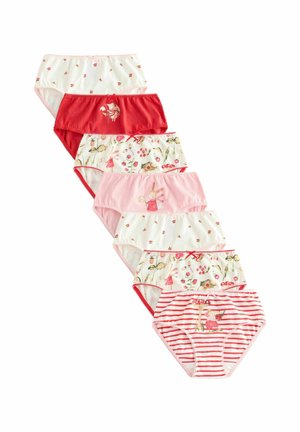 Set di sette mutandine da ragazza in cotone, con motivi floreali e rigati, in diverse tonalità di rosso, rosa e bianco con decorazioni.