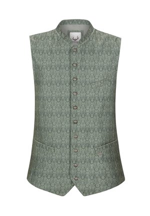 Grün gemusterte ärmellose Weste mit Stehkragen, Knopfverschluss, zwei Taschen und aufwendigen Details auf dem Stoff.