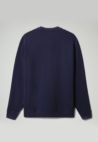 Granatowa bluza z okrągłym dekoltem, ściągaczami przy mankietach i u dołu. Miękka faktura; prosty, jednolity design bez widocznych logo lub ozdób.