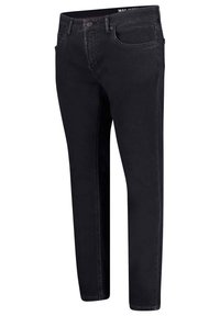 Schwarze Denim-Jeans mit geradem Schnitt, Fünf-Taschen-Design, mittelhohem Bund und dezenten stikcting Details. Verfügt über einen Metallknopf und Reißverschluss.