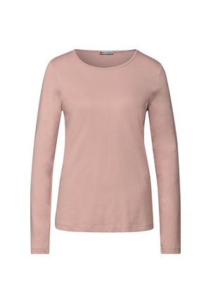 Langsleeve, lichtroze crewneck shirt met eenvoudig ontwerp, weergegeven tegen een witte achtergrond.