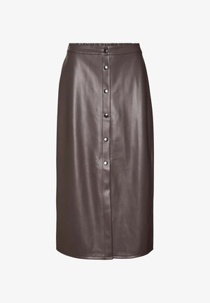 Gonna midi in pelle marrone con vita aderente, dotata di chiusura frontale con bottoni, superficie liscia e silhouette dritta.