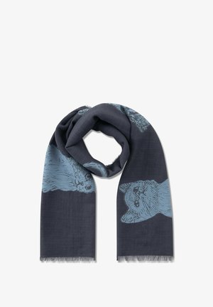 Dark navy scarf featuring light blue illustrated cat designs. Soft fabric with frayed edges, rectangular shape, suitable for casual wear.