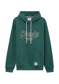 Felpa verde in cotone misto, con tasca frontale, cordini bianchi e testo del logo "Creeks Original Since 1974" sul petto.