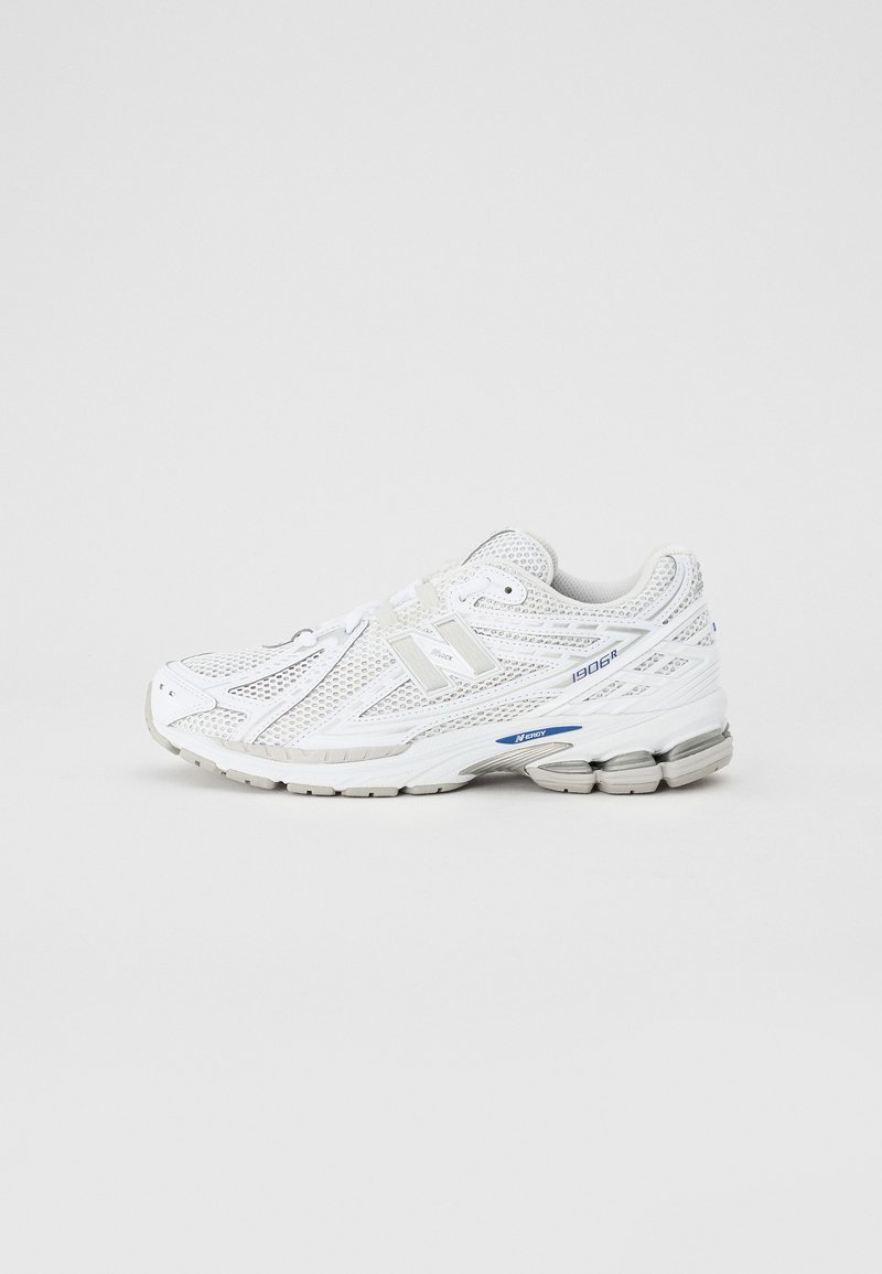 White athletic shoe with a breathable mesh upper, synthetic accents, textured sole, and blue detailing on the side. Low profile design.